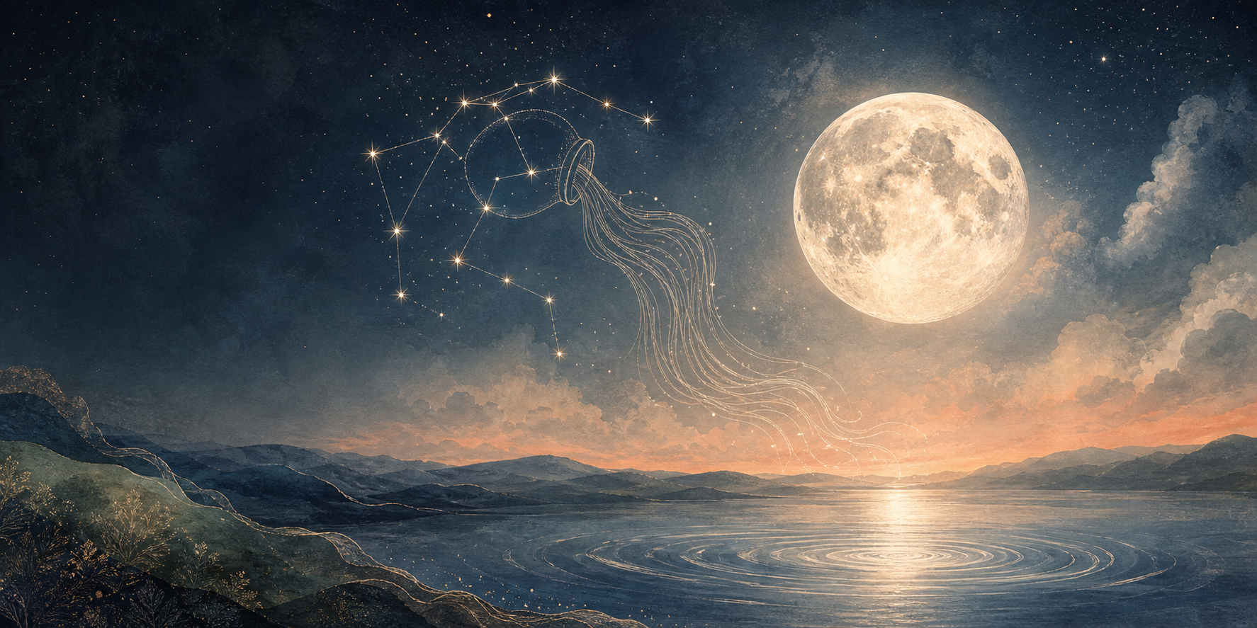 Pleine Lune lumineuse, constellation du Verseau et lac dans un crépuscule indigo et pêche