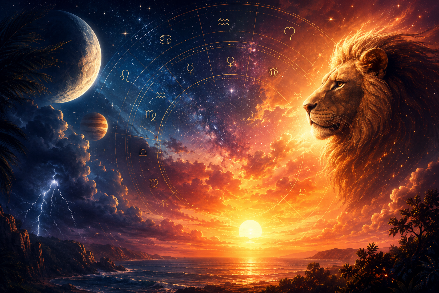 Cosmic lion under a dramatic July sky with zodiac symbols, representing Leo season and the July 2026 astrology forecast