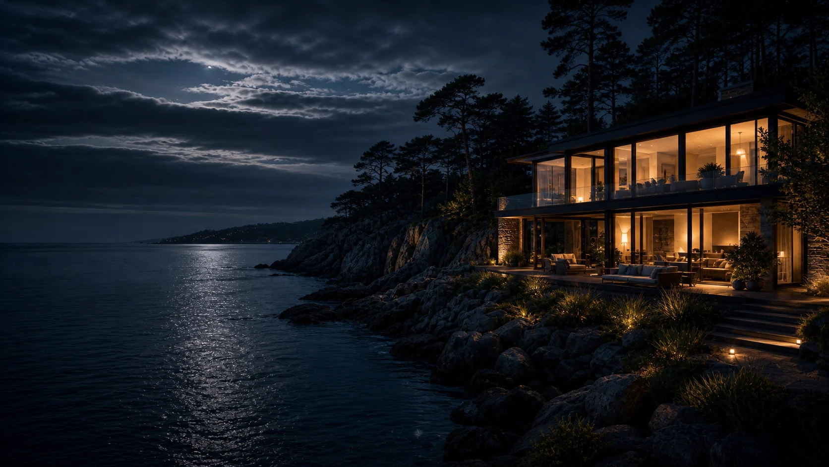 Eau sombre près d’une maison côtière élégante éclairée la nuit, image de la Nouvelle Lune en Cancer et de la sécurité émotionnelle